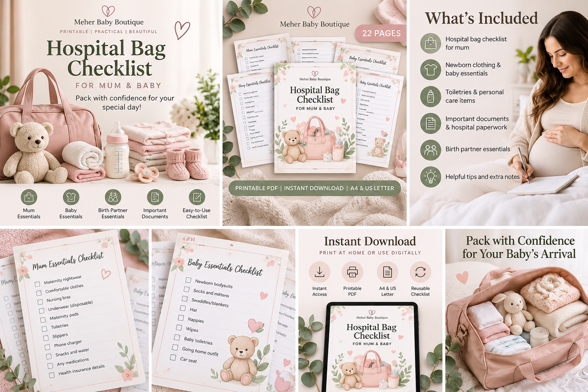 Hospital Bag Checklist promotional collage, Meher Baby Boutique