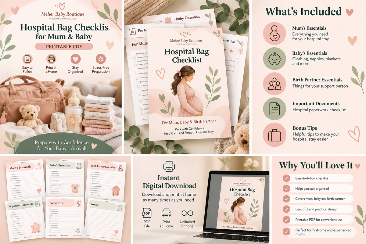 Hospital Bag Checklist included pages and digital download collage