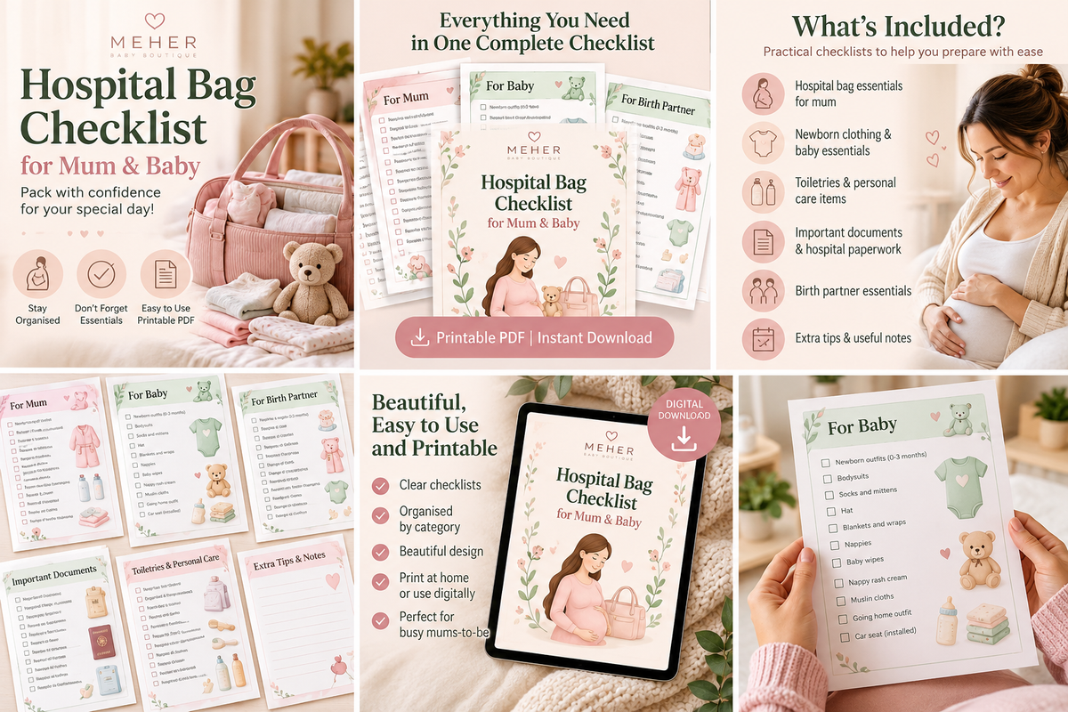Hospital Bag Checklist printable product preview collage