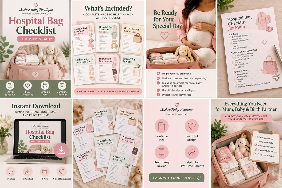 Hospital Bag Checklist product benefits and page previews collage