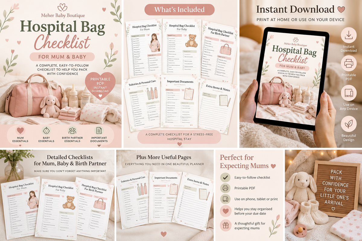 Hospital Bag Checklist product features and printable PDF collage